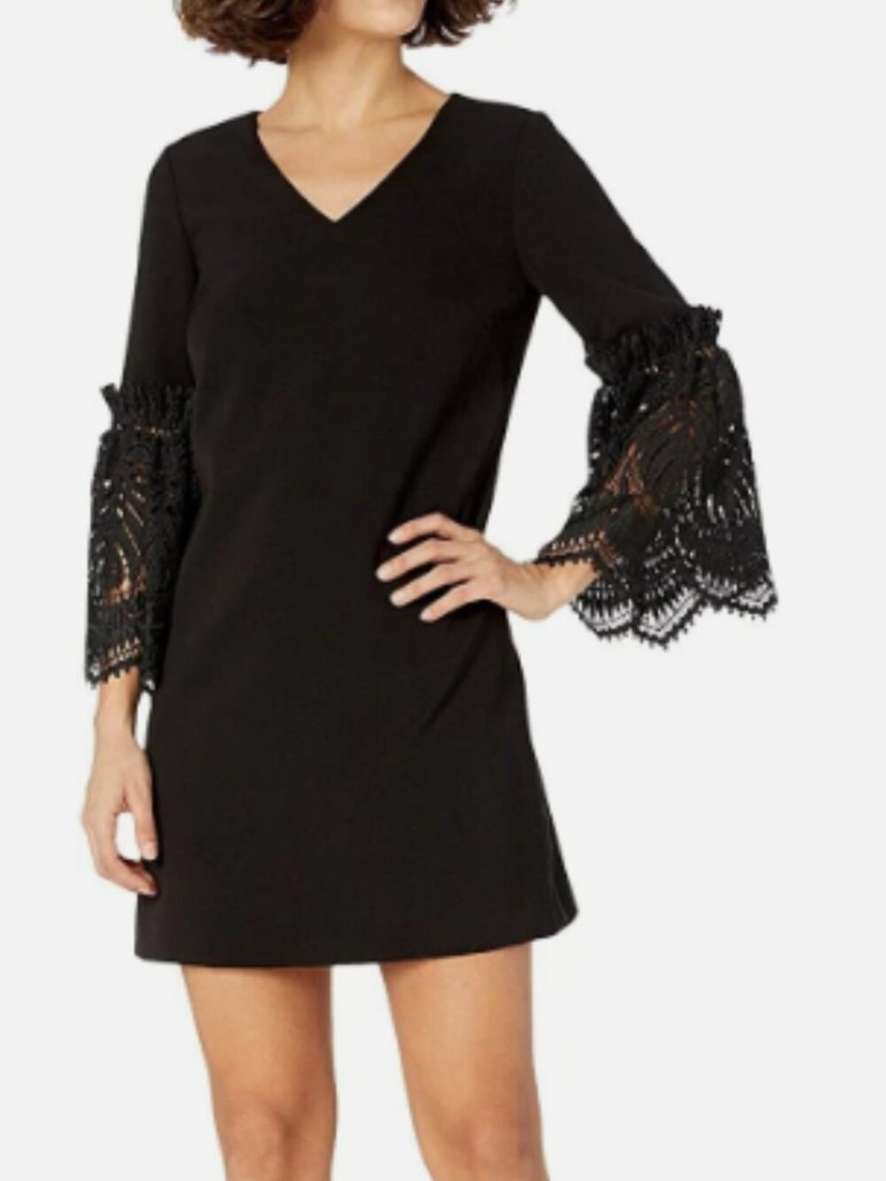 Tahari Arthur S Levine Black Bell Sleeve Lace Shift Dress V-Neck Size 10